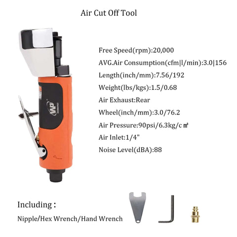 3 Inch Air Cut Off Tool Pneumatic Metal Cutter With 3 Inch Wheel, shown with hex wrench, hand wrench, includes detailed specs