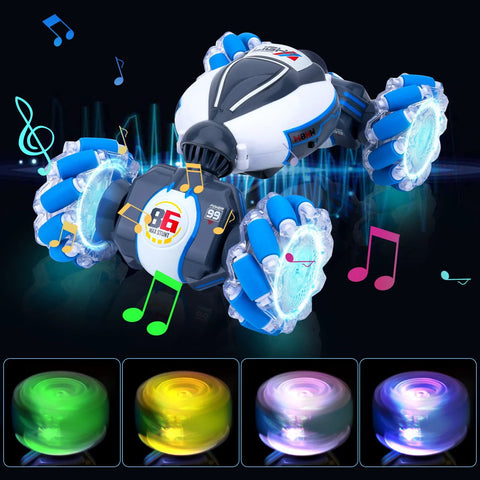 Front view of Fosgoit gesture-sensing 4WD RC stunt car with blue wheels and LED lights
