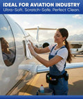 Person cleaning an aircraft with lint free white tshirt rags 100 percent cotton highly absorbent die cut jersey wiping towels