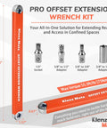 Offset Extension Wrench Kit With Quarter Inch, Three Eighth Inch, Half Inch Drive Adapters And Quarter Inch Socket, dimensions shown