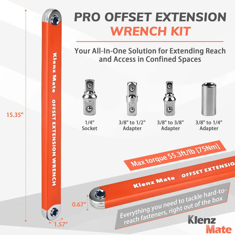 Offset Extension Wrench Kit With Quarter Inch, Three Eighth Inch, Half Inch Drive Adapters And Quarter Inch Socket, dimensions shown