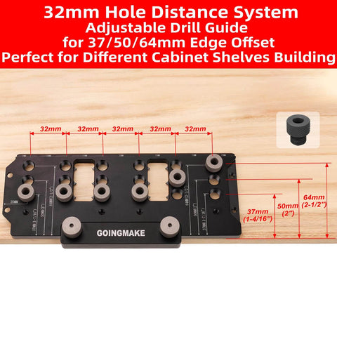 Pro Grade All Metal Shelf Pin Jig For Cabinet Hardware Drilling Guide For Straight Holes Precision One Quarter Inch And Five Millimeter Shelf Pins Spliceable And Durable Wobble Free Shelves Ideal Woodworking Drill Guide displayed on a wooden surface with metric measurements.