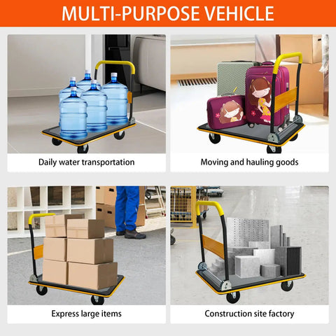 Beefy Heavy Duty Flatbed Cart With 660lbs Load Capacity Foldable Platform Hand Truck 360 Degree Swivel Wheels Quiet TPR Wheels Ergonomic Grip Multipurpose For Easy Hauling And Storage, loaded with water jugs and boxes