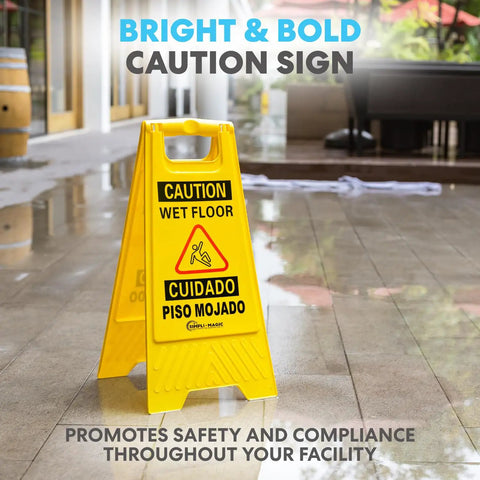 Bright yellow caution sign warning of wet floors, part of the Legit Heavy Duty 35 Quart Mop Bucket With Side Press Wringer Rolling Cart.