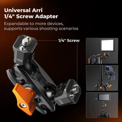 Dual Ball Head Magic Arm For Cameras And Microphones, Adjustable Articulating Mount With Bilateral 1/4 Inch Threads, Rock Solid Locking, Flexible Rig Accessory For Photo Video Studio Gear Like Monitors, Lights, And More. Close-up of universal Arri 1/4" screw adapter.