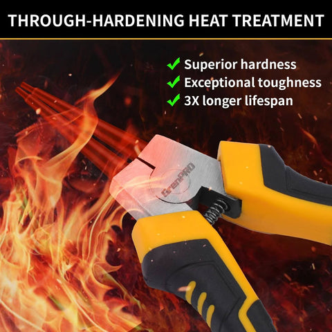 Heavy Duty Snap Ring Pliers Set, Four Piece Kit, showing close-up of yellow-handled pliers with text on heat treatment benefits.