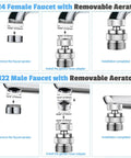Diagram showing installation of brass faucet to hose adapter with aerator and swivel for M24 female and M22 male threads.