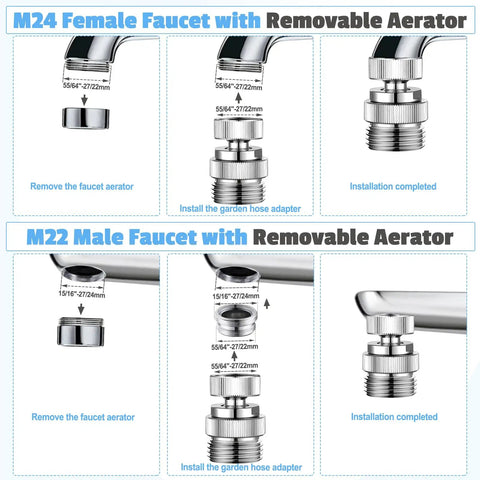 Diagram showing installation of brass faucet to hose adapter with aerator and swivel for M24 female and M22 male threads.