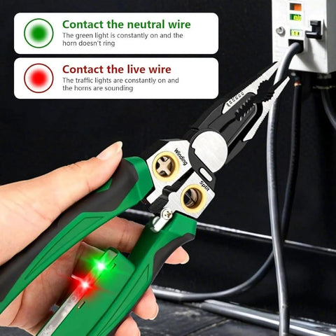 Person using 8-In-1 Wire Stripper With Voltage Tester Pro-Grade Heavy Duty 12 To 220V AC DC Electrician Pliers on wires