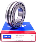 Heavy Duty 22211 E Spherical Roller Bearing Size 55X100X25 Millimeters With C3, steel cage, mounted on SKF box.