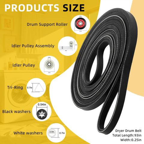 Pro Grade Dryer Repair Kit With 5 Wheels And Idler Pulley, Includes 661570V Drum Belt size details, WPW10314173 roller in focus
