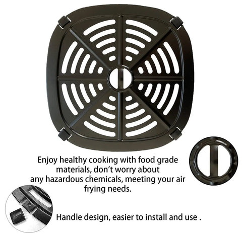 Premium Air Fryer Crisper Tray For Dash Mini 2.6 Qt, black carbon steel grid design, handle for easy installation.