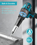 BOQNZN Cordless Rivet Gun Kit With Dual Rechargeable Batteries And Fast Charger For Auto Body Repair Metal Sheet Work One Click Electric Power Tool Easy On The Hands Heavy Duty Performance close-up showing sleek design and brushless motor.