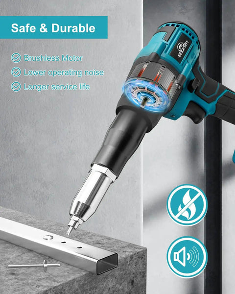 BOQNZN Cordless Rivet Gun Kit With Dual Rechargeable Batteries And Fast Charger For Auto Body Repair Metal Sheet Work One Click Electric Power Tool Easy On The Hands Heavy Duty Performance close-up showing sleek design and brushless motor.