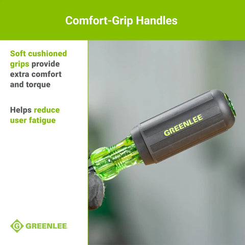 Close-up of Greenlee screwdriver handle from 7 Piece Screwdriver Set With Cabinet Keystone And Phillips Drivers Includes Short And Long Cabinet Bits And Keystone Bits Handles Clearly Marked For Easy Size Type Identification DIY Friendly For Home Auto And Shop Repairs.