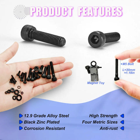 Image showing 2240 Piece Metric Screw Kit M2 To M5 With 12.9 Grade Alloy Steel Hex Socket Bolts, black zinc plated, with Allen wrench.