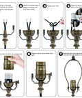 Step-by-step assembly of 3 Way Socket Rewire Kit With 12 Foot Cord And Harp Set For Table Or Floor Lamps showing parts and process.