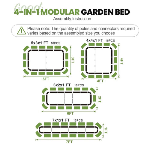 Diagram showing 4-In-1 Adjustable Raised Garden Bed Kit configurations 5x3x1 ft, 4x4x1 ft, 6x2x1 ft, and 7x1x1 ft with 16 pieces.