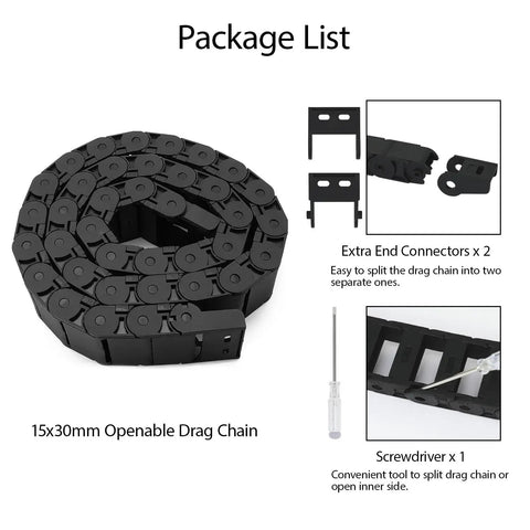 Heavy Duty Semi Enclosed Drag Chain Cable Carrier for CNC Machines, Black Plastic, 15x30mm, openable with connectors and screwdriver.