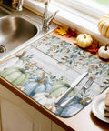 Cozy Fall Thanksgiving Dish Drying Mat For Kitchen Counter 18 By 24 Inches with Sage Green Pumpkin Blue Eucalyptus Wood Grain Design
