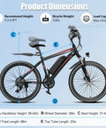 500W Electric Mountain Bike With Cruise Control And Pedal Assist For Adults 26 Inch Wheels 21 Speed Drivetrain 48V 375Wh Battery Smooth Acceleration Kickass Hill Climb Long Range Commuter EBike UL2849 Certified, side view dimensions