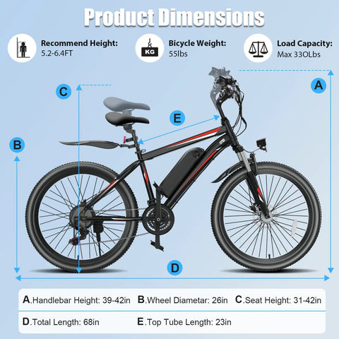 500W Electric Mountain Bike With Cruise Control And Pedal Assist For Adults 26 Inch Wheels 21 Speed Drivetrain 48V 375Wh Battery Smooth Acceleration Kickass Hill Climb Long Range Commuter EBike UL2849 Certified, side view dimensions