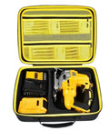 DeWalt 20V Max XR Jigsaw Case With Rugged Interior Tray For DCS334B DCS335B Jigsaw Blade Battery And Charger Storage Tool Organizer Bag With Handle And Shoulder Strap Durable Yellow open showing compartments with jigsaw and charger.