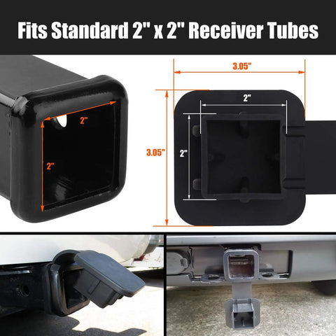 2 Inch Trailer Hitch Cover Plug Cap For Universal 2x2 Receiver Tubes, black rubber hitch cover installed on vehicle, fits Class III-V
