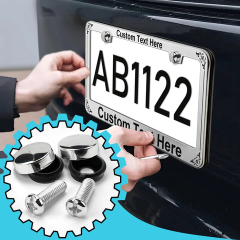 Customizable License Plate Frame For Cars Rust-Proof Aluminum Front Or Rear Mount Dope Silver Finish Includes Screws Add Your Text Or Design Durable Exterior Auto Accessory For Women And Men showing installation and included hardware