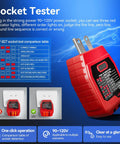 Socket Tester from Circuit Breaker Finder Kit With GFCI Outlet Tester And 3 Accessories, red device plugged into outlet, NF-827