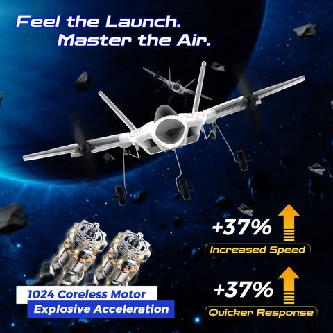 F22 Raptor RC Plane Four Channel Upgrade With Vertical Takeoff Remote Control Airplane Featuring Six Axis Gyro Lights And Crazy Fast 3D Aerobatics For Adults Three Batteries Included, showcasing space-themed design with coreless motor details.