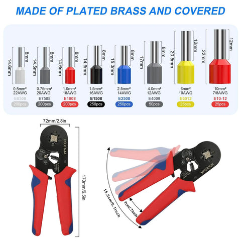 All In One Crimping Tool Kit With 1800 Ferrules, Self Adjusting Ratchet Crimper, Eight Ferrule Sizes From AWG 22 To 7