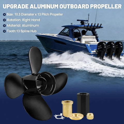 Aluminum Boat Propeller With Interchangeable Hub Kits For Mercury Outboards 30HP To 60HP Four Blade Right Hand Rotation 10.3 Inch Diameter 13 Pitch 13 Spline Includes Hub For Easy Swap Built For Speed And Quick Hole Shots