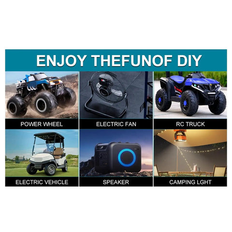 Collage showcasing usage of the 18V Battery Adapter Kit With 12AWG Wire For Peg Perego Riding Toys, RC Cars, and robotics. 