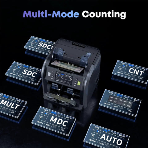Pro Money Counter Machine With Built In Receipt Printer For Mixed Denomination And Multi Currency displayed with counting modes.
