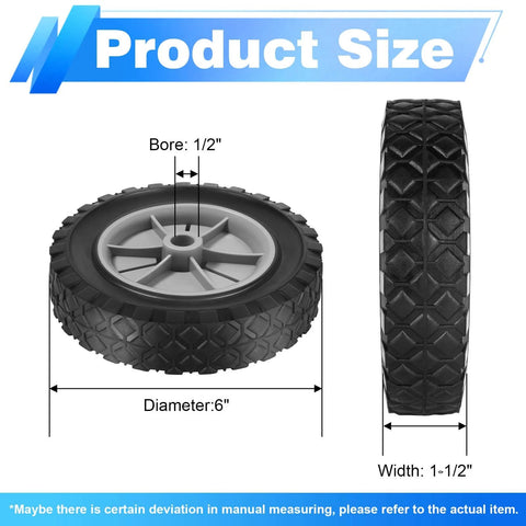6 Inch Beefy Heavy Duty Rubber Wheel Set Two Pack With Half Inch Bore And 1.5 Inch Wide, 100 Pound Capacity Per Wheel, Fits Oregon 72 106 72 108 Craftsman AYP MTD Radio Flyer Wagons Gray, side and front view dimensions shown
