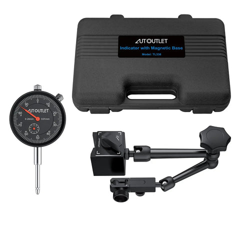 Dial Indicator With Magnetic Base For Home Shop Use 0 To 1 Inch Range 0.001 Inch Readout with fine adjustment knob and case