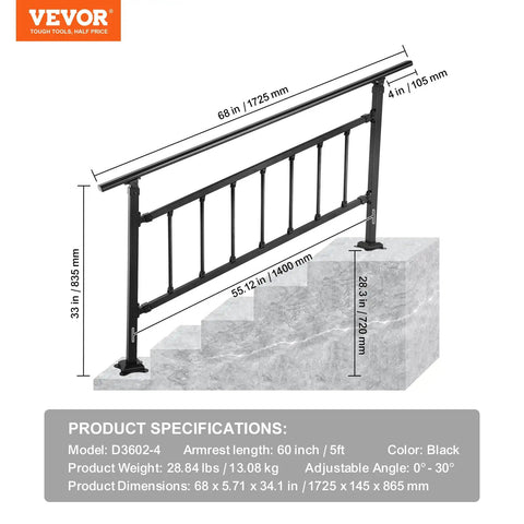 Rock Solid Wrought Iron Outdoor Stair Railing With Adjustable Frame For Zero To Five Steps Sleek Matte Black Finish on concrete steps.