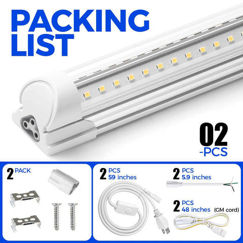 Packing list for 2Ft LED Shop Light 20W 3000LM 6500K T8 Fixture With Clear Cover Linkable Ceiling Tube Lights, 2 pack.