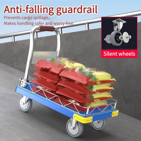 Heavy Duty Platform Hand Truck Featuring 360 Degree Swivel Wheels And Adjustable Safety Rail transporting colorful cargo bags on a smooth surface.