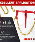 Heavy Duty 5/16-3/8 Inch Chain Binders Set Of 2 With 5/16 X 10 Ft Chains, shown with hook and tensioner, for industrial use.
