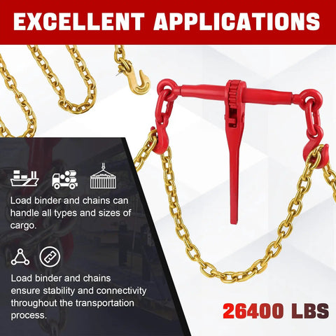 Heavy Duty 5/16-3/8 Inch Chain Binders Set Of 2 With 5/16 X 10 Ft Chains, shown with hook and tensioner, for industrial use.