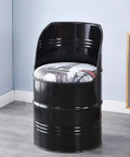 Chill Zone Industrial Metal Barrel Stool With Cushy Backrest And Hidden Storage Rack Perfect For Sneakers Or Everyday Gear To Keep Your Pad Organized This Heavy Duty Oil Drum Chair Comes In Sleek Matte Black, side view.