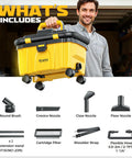 Man holding Cordless 2.5 Gallon Wet Dry Shop Vacuum with 15KPa Suction; features and attachments displayed.