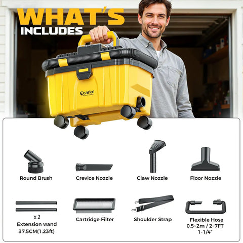 Man holding Cordless 2.5 Gallon Wet Dry Shop Vacuum with 15KPa Suction; features and attachments displayed.