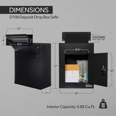 Through-The-Wall Drop Box Deposit Safe With Lock, Built-To-Last Beefy Heavy-Duty Steel Mailbox For Receiving Mail Checks Cash And More Ideal For Home Office Or Commercial Use 17 By 13 By 7 Inches Black showing front and side view with dimensions.