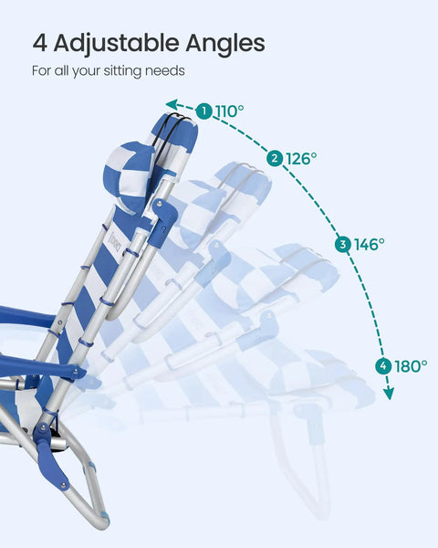 Backpack Beach Chair With Four Adjustable Backrest Angles, 331 Lb Capacity, Two Side Pockets, Towel Bar, Blue and White