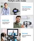 3 in 1 Wireless Lavalier Microphone Clip-On for iPhone Android and Camera, Noise Cancelling Tech, multiple audio modes displayed