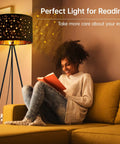 Tripod Floor Lamp With 8W LED Bulb Mid Century Style Standing Lamp in living room with woman reading on sofa