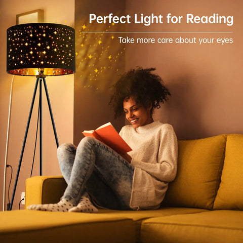 Tripod Floor Lamp With 8W LED Bulb Mid Century Style Standing Lamp in living room with woman reading on sofa